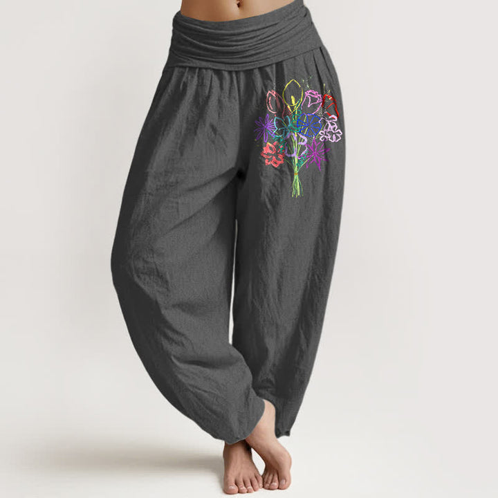 Buddha Stones Spodnie damskie typu harem z elastycznej talii z motywem bukietu kwiatowego z czystej bawełny - DimGray - US16, UK/AU20, EU48 (3XL) - image 8