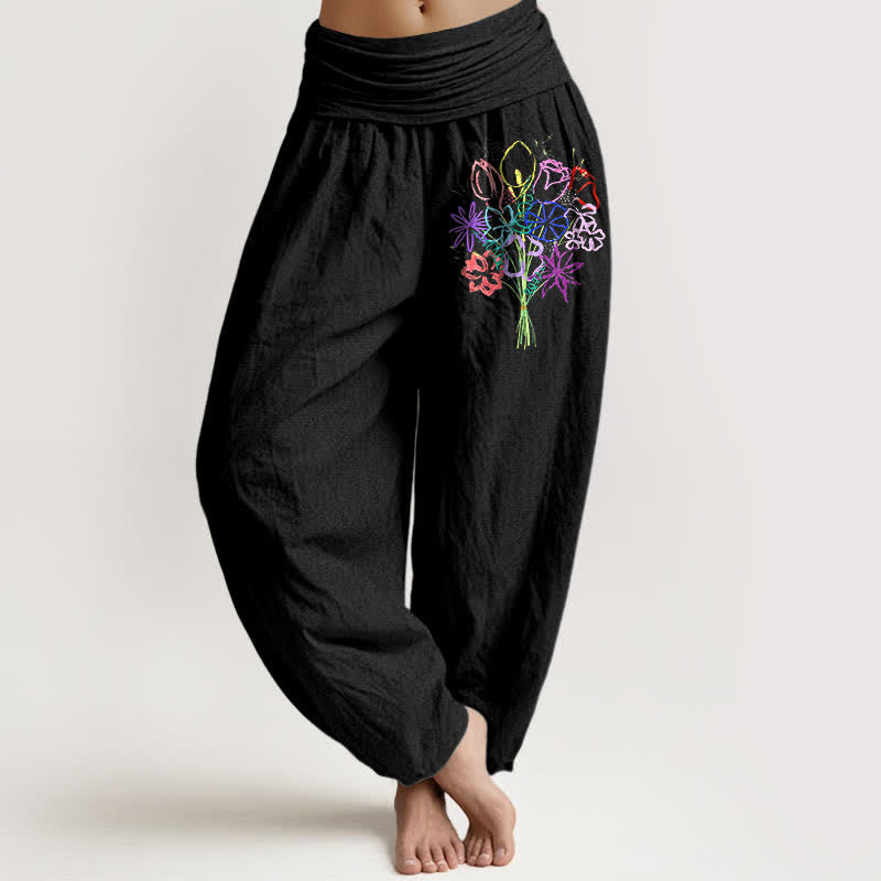 Buddha Stones Spodnie damskie typu harem z elastycznej talii z motywem bukietu kwiatowego z czystej bawełny - Czarny - US16, UK/AU20, EU48 (3XL) - image 0
