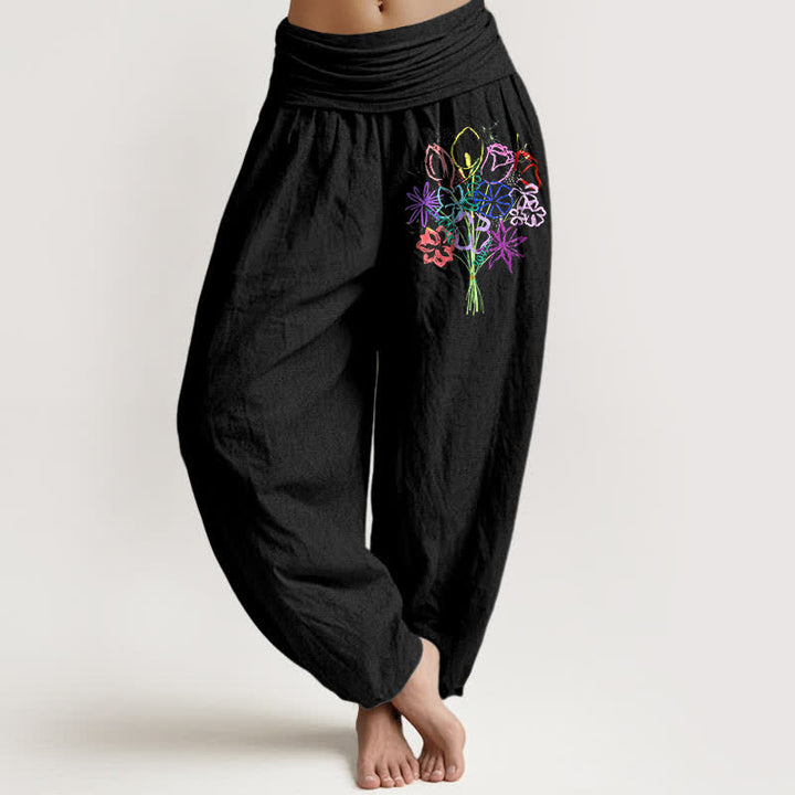 Buddha Stones Spodnie damskie typu harem z elastycznej talii z motywem bukietu kwiatowego z czystej bawełny - Czarny - US16, UK/AU20, EU48 (3XL) - image 0