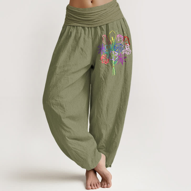 Buddha Stones Spodnie damskie typu harem z elastycznej talii z motywem bukietu kwiatowego z czystej bawełny - Oliwkowy - US16, UK/AU20, EU48 (3XL) - image 11