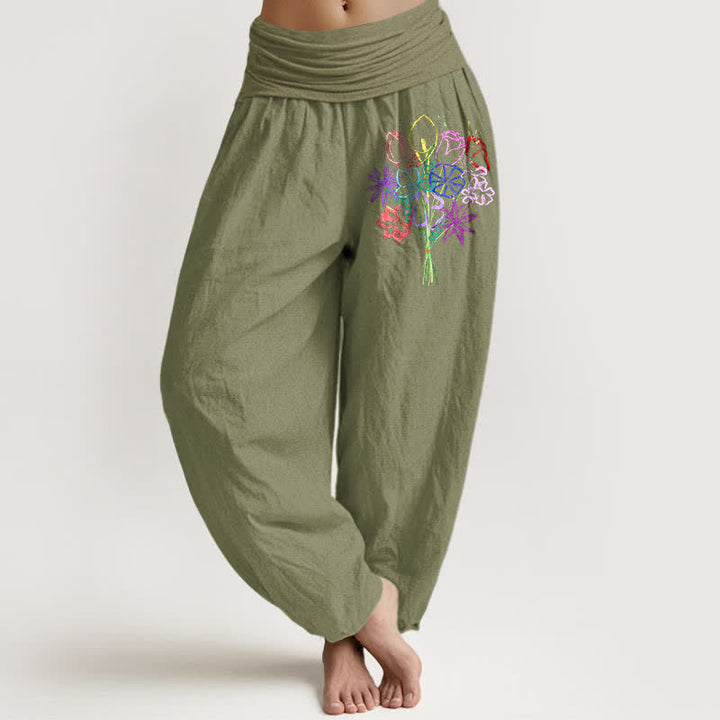 Buddha Stones Spodnie damskie typu harem z elastycznej talii z motywem bukietu kwiatowego z czystej bawełny - Oliwkowy - US16, UK/AU20, EU48 (3XL) - image 11