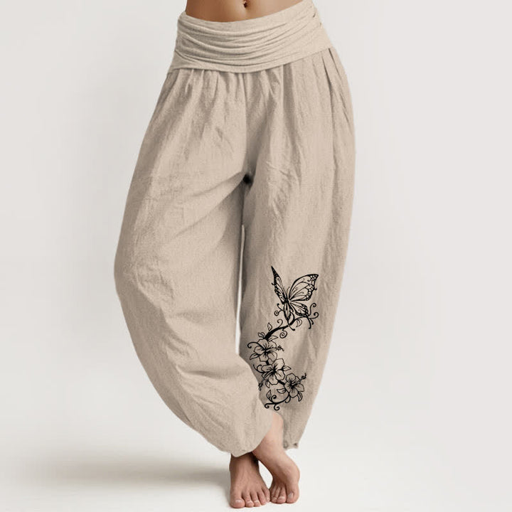 Buddha Stones Spodnie damskie haremki z elastycznej talii z motywem motyli i kwiatów z czystej bawełny - Dębnik - US16, UK/AU20, EU48 (3XL) - image 14