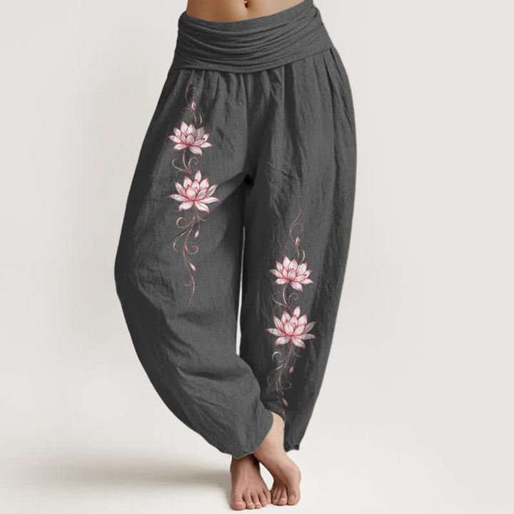 Buddha Stones Spodnie damskie typu harem z elastycznej talii z czystej bawełny w kwiaty lotosu - DimGray - US16, UK/AU20, EU48 (3XL) - image 8