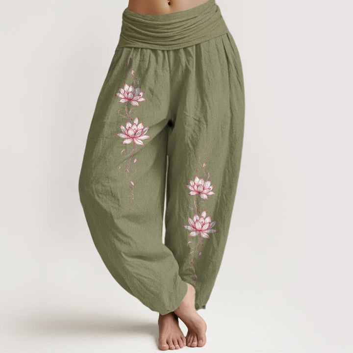 Buddha Stones Spodnie damskie typu harem z elastycznej talii z czystej bawełny w kwiaty lotosu - Oliwkowy - US16, UK/AU20, EU48 (3XL) - image 11