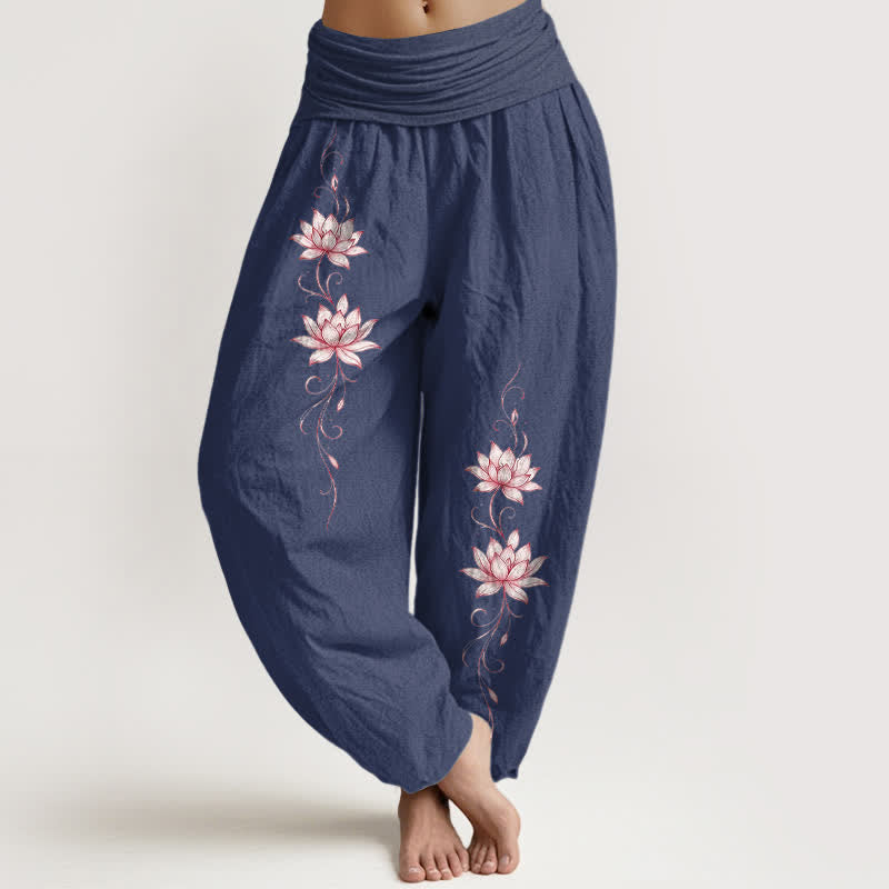 Buddha Stones Spodnie damskie typu harem z elastycznej talii z czystej bawełny w kwiaty lotosu - DarkSlateBlue - US16, UK/AU20, EU48 (3XL) - image 5