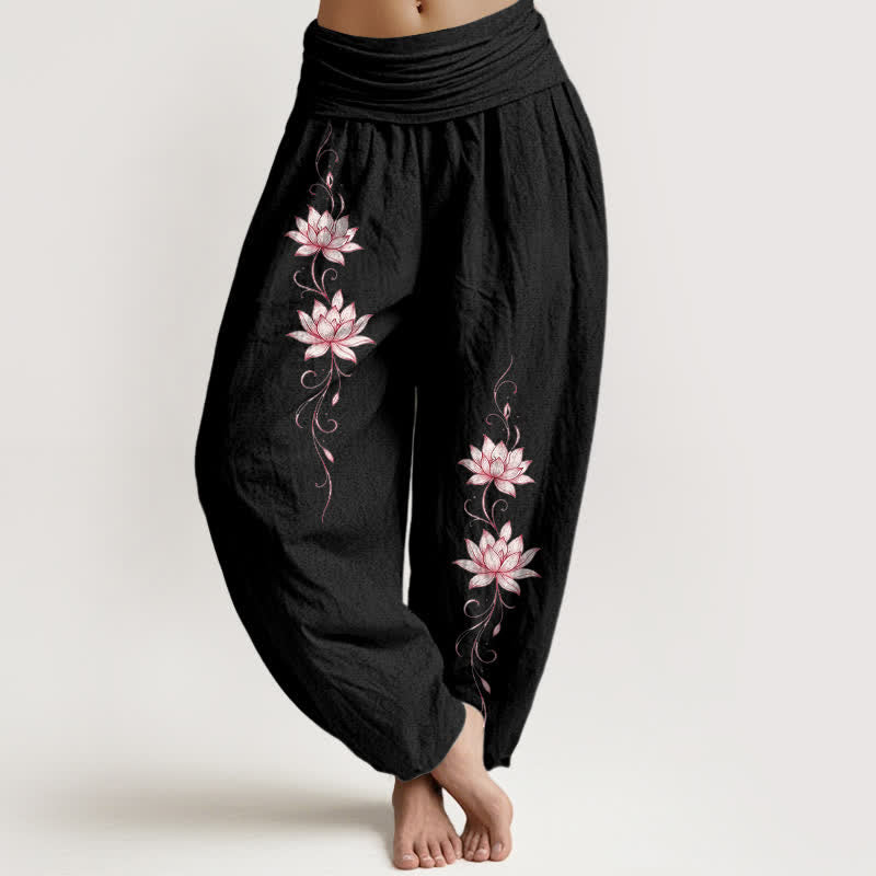 Buddha Stones Spodnie damskie typu harem z elastycznej talii z czystej bawełny w kwiaty lotosu - Czarny - US16, UK/AU20, EU48 (3XL) - image 0