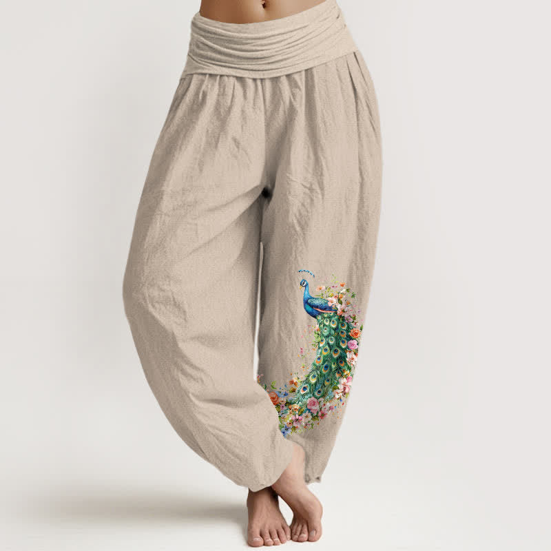 Buddha Stones Spodnie damskie typu harem z elastycznej talii z motywem pawia i kwiatowym wzorem z czystej bawełny - Dębnik - US16, UK/AU20, EU48 (3XL) - image 14
