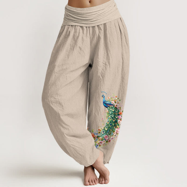 Buddha Stones Spodnie damskie typu harem z elastycznej talii z motywem pawia i kwiatowym wzorem z czystej bawełny - Dębnik - US16, UK/AU20, EU48 (3XL) - image 14