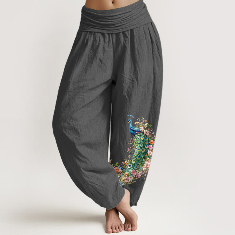 Buddha Stones Spodnie damskie typu harem z elastycznej talii z motywem pawia i kwiatowym wzorem z czystej bawełny - DimGray - US16, UK/AU20, EU48 (3XL) - image 8