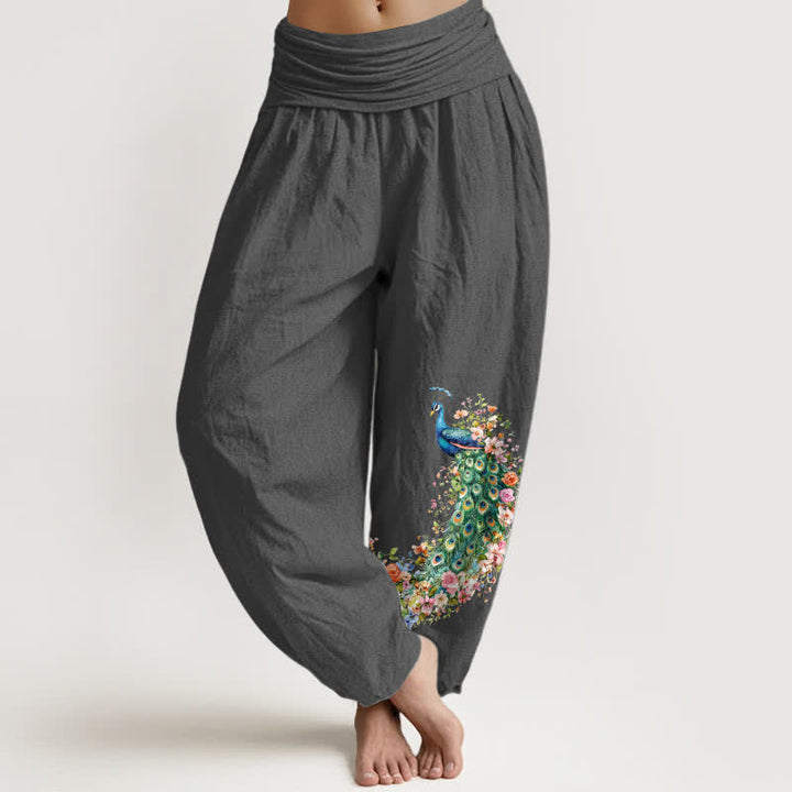 Buddha Stones Spodnie damskie typu harem z elastycznej talii z motywem pawia i kwiatowym wzorem z czystej bawełny - DimGray - US16, UK/AU20, EU48 (3XL) - image 8