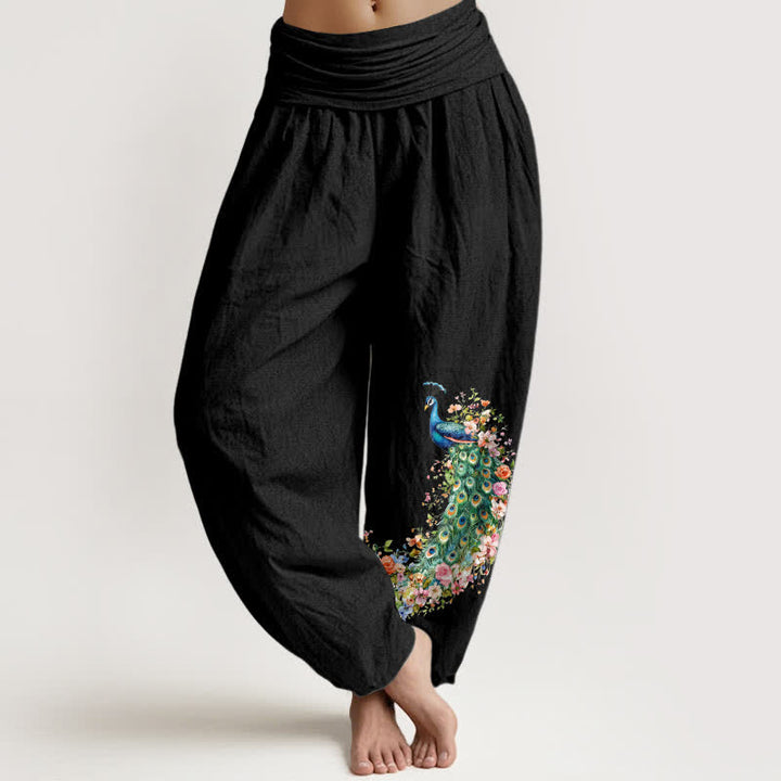 Buddha Stones Spodnie damskie typu harem z elastycznej talii z motywem pawia i kwiatowym wzorem z czystej bawełny - Czarny - US16, UK/AU20, EU48 (3XL) - image 0