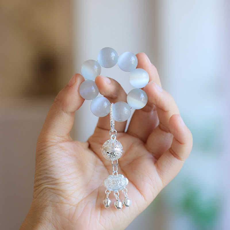 Buddha Stones Biały dzwonek z kocim okiem Ruyi Luck, koraliki do medytacji, dekoracje dotykowe - Białe Kocie Oko (Szczęście ♥ Pozytywne) - image 0