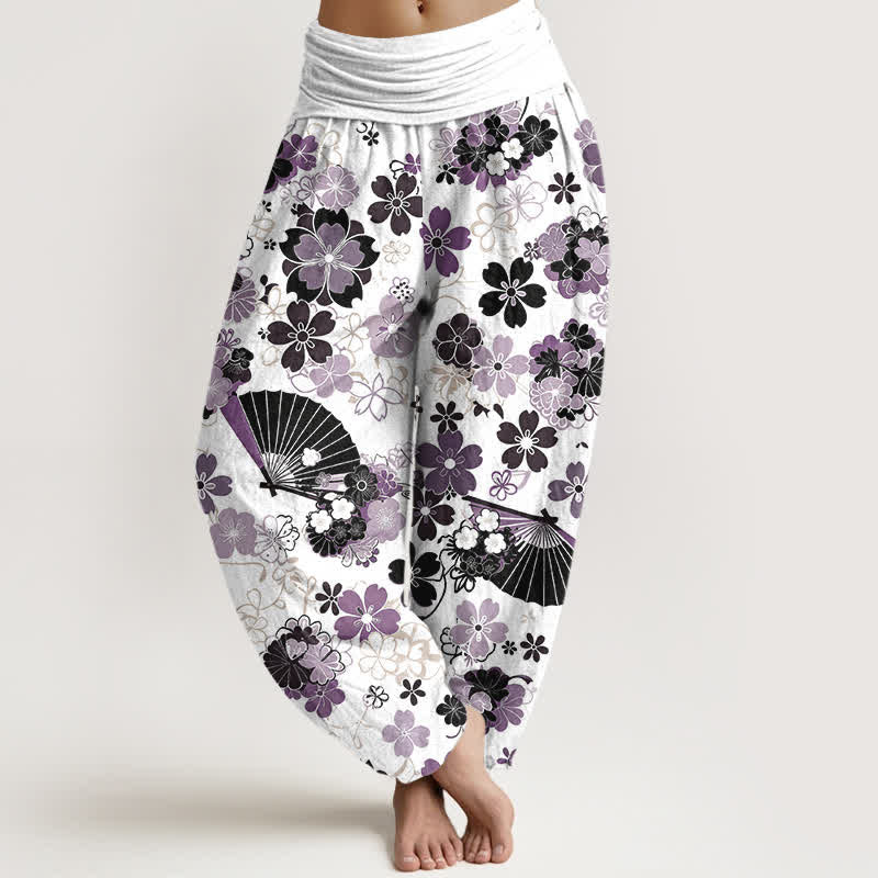 Buddha Stones Spodnie damskie typu harem z elastycznej talii z motywem wachlarza kwiatów wiśni z bawełny - Oset - US16, UK/AU20, EU48 (3XL) - image 0
