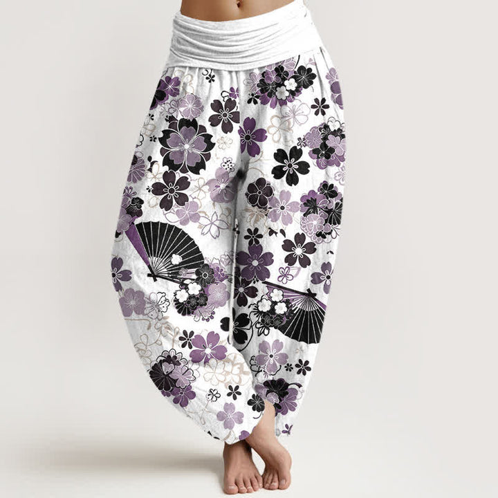 Buddha Stones Spodnie damskie typu harem z elastycznej talii z motywem wachlarza kwiatów wiśni z bawełny - Oset - US16, UK/AU20, EU48 (3XL) - image 0