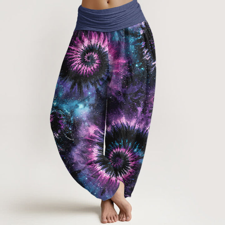 Buddha Stones Spodnie damskie typu harem z elastycznej talii w kolorze czystej bawełny z wzorem Cosmic Spiral - Fioletowy - US16, UK/AU20, EU48 (3XL) - image 0
