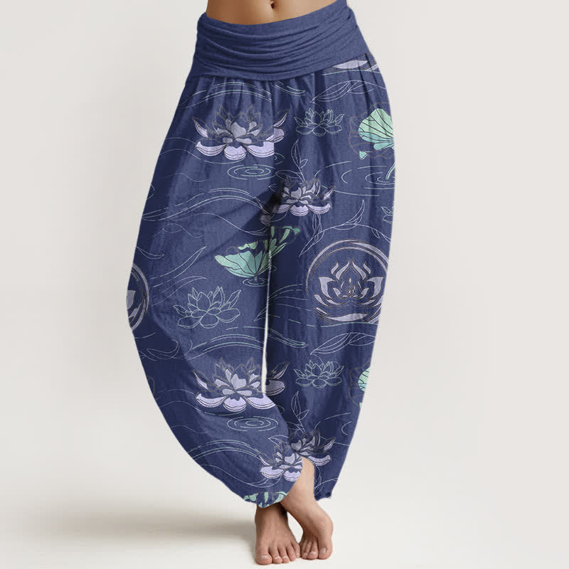 Buddha Stones Spodnie damskie typu harem z bawełny z nadrukiem lotosu i elastyczną talią - Marynarka wojenna - US16, UK/AU20, EU48 (3XL) - image 0