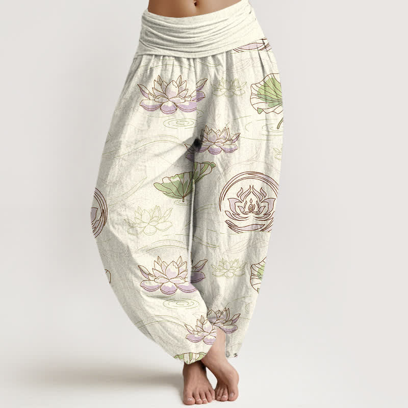 Buddha Stones Spodnie damskie typu harem z bawełny z nadrukiem lotosu i elastyczną talią - Kość słoniowa - US16, UK/AU20, EU48 (3XL) - image 5