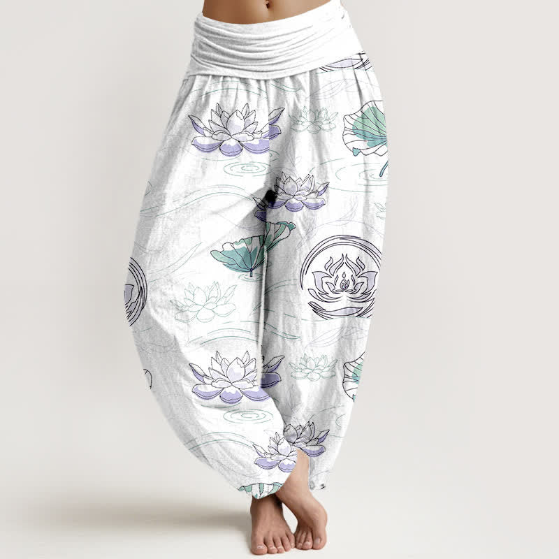 Buddha Stones Spodnie damskie typu harem z bawełny z nadrukiem lotosu i elastyczną talią - Biały - US16, UK/AU20, EU48 (3XL) - image 8