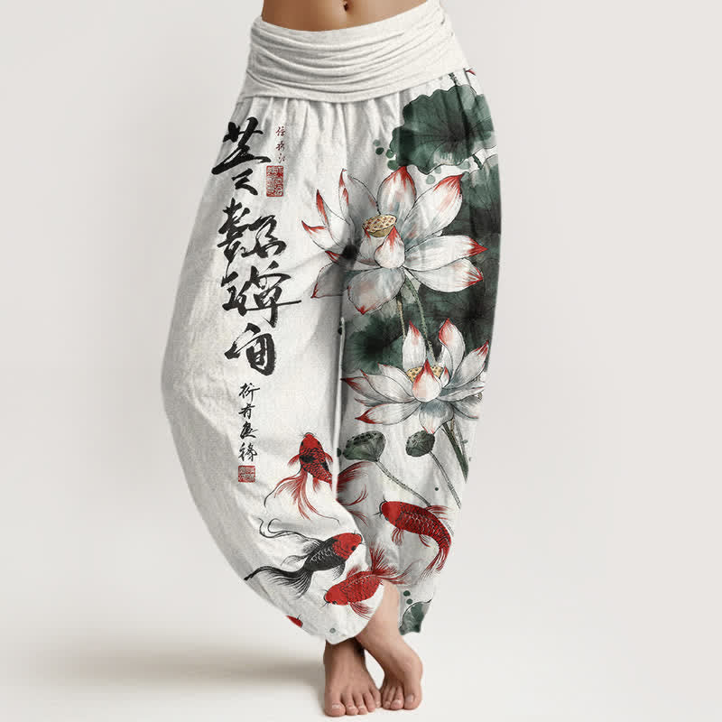 Buddha Stones Spodnie damskie typu harem z elastycznej talii z nadrukiem w kolorze czerwonego atramentu koi z motywem lotosu - FloralWhite - US16, UK/AU20, EU48 (3XL) - image 0