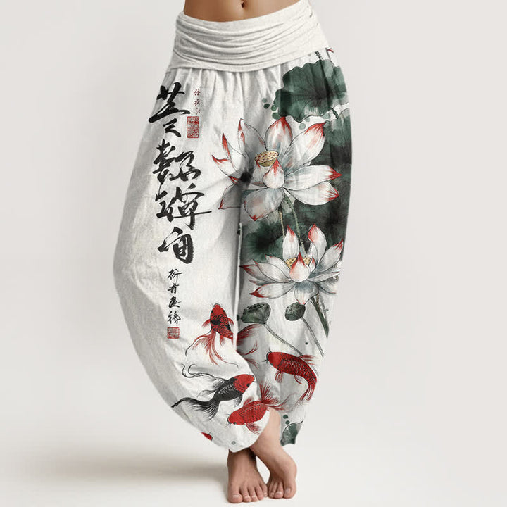 Buddha Stones Spodnie damskie typu harem z elastycznej talii z nadrukiem w kolorze czerwonego atramentu koi z motywem lotosu - FloralWhite - US16, UK/AU20, EU48 (3XL) - image 0