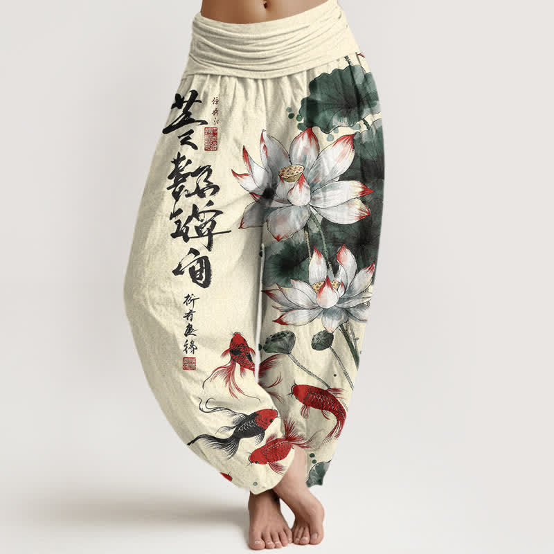 Buddha Stones Spodnie damskie typu harem z elastycznej talii z nadrukiem w kolorze czerwonego atramentu koi z motywem lotosu - Jedwab kukurydziany - US16, UK/AU20, EU48 (3XL) - image 8