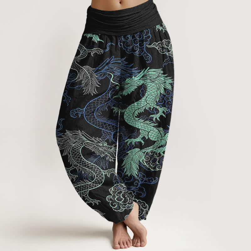 Buddha Stones Spodnie damskie typu harem z bawełny w kolorze błękitnego smoka z elastyczną talią - Czarny - US16, UK/AU20, EU48 (3XL) - image 0