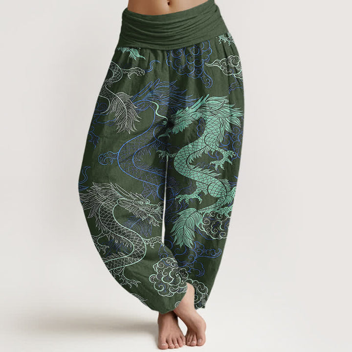 Buddha Stones Spodnie damskie typu harem z bawełny w kolorze błękitnego smoka z elastyczną talią - DarkOliveGreen - US16, UK/AU20, EU48 (3XL) - image 5