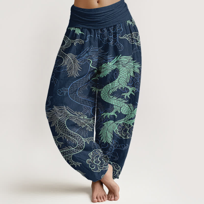 Buddha Stones Spodnie damskie typu harem z bawełny w kolorze błękitnego smoka z elastyczną talią - Marynarka wojenna - US16, UK/AU20, EU48 (3XL) - image 8