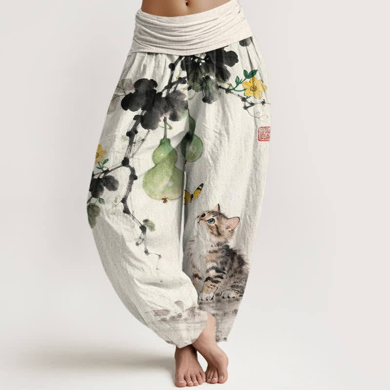 Buddha Stones Spodnie damskie typu harem z elastyczną talią i nadrukiem w kotka i dynię - Kość słoniowa - US16, UK/AU20, EU48 (3XL) - image 0