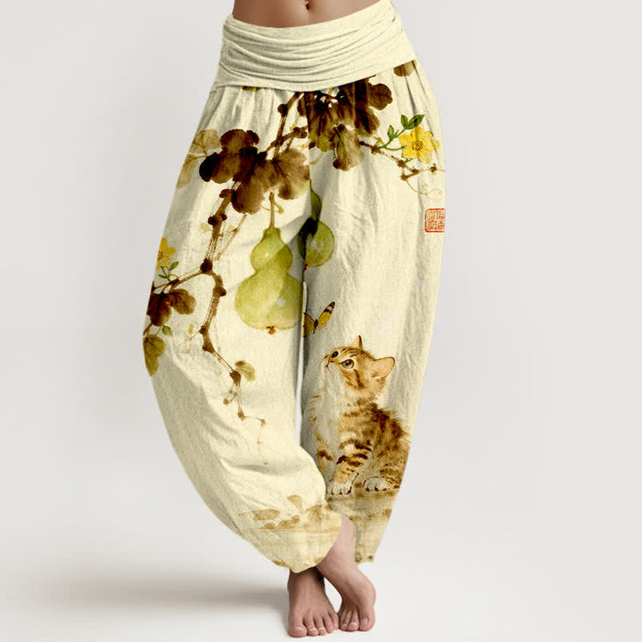 Buddha Stones Spodnie damskie typu harem z elastyczną talią i nadrukiem w kotka i dynię - Jedwab kukurydziany - US16, UK/AU20, EU48 (3XL) - image 8