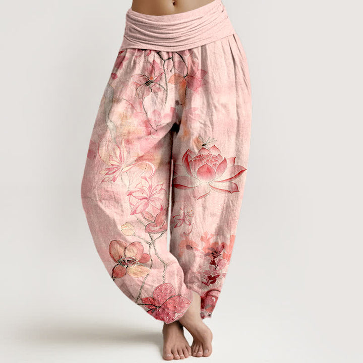 Buddha Stones Spodnie damskie haremowe z bawełny z nadrukiem Lotus Bloom Dragonfly Pattern z elastyczną talią - Jasnoróżowy - US16, UK/AU20, EU48 (3XL) - image 0