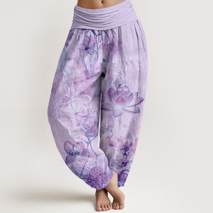 Buddha Stones Spodnie damskie haremowe z bawełny z nadrukiem Lotus Bloom Dragonfly Pattern z elastyczną talią - Lawenda - US16, UK/AU20, EU48 (3XL) - image 5