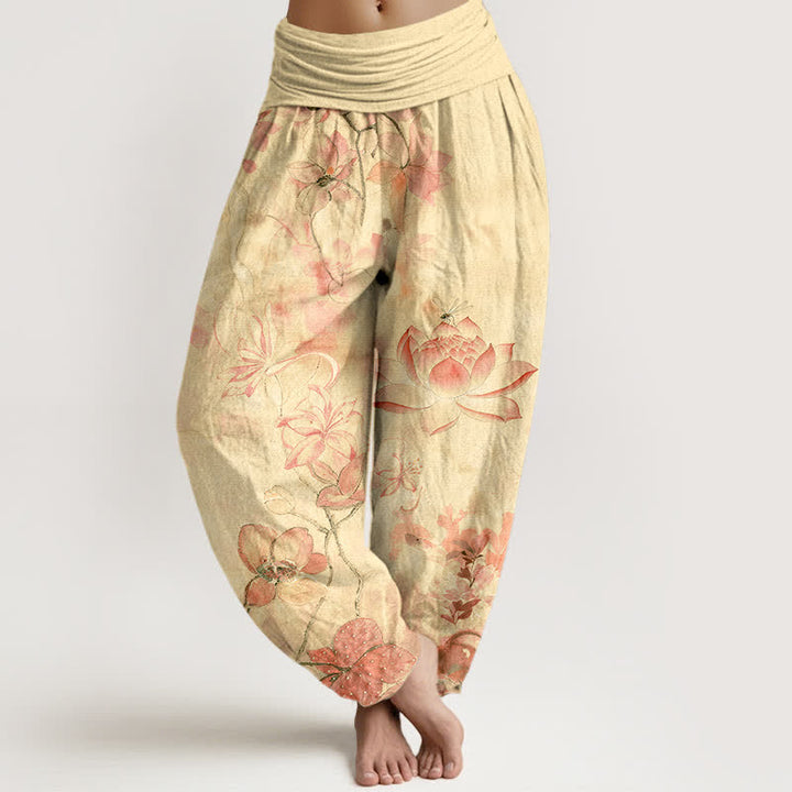 Buddha Stones Spodnie damskie haremowe z bawełny z nadrukiem Lotus Bloom Dragonfly Pattern z elastyczną talią - Cytrynowe Szyfony - US16, UK/AU20, EU48 (3XL) - image 8