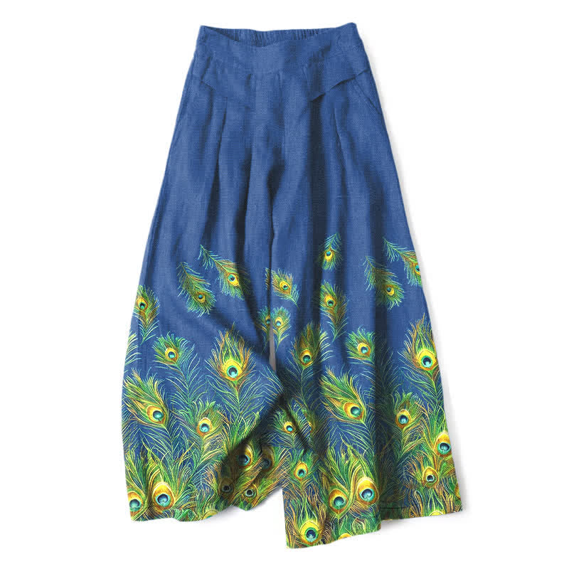 Buddha Stones Spodnie damskie z szerokimi nogawkami i elastyczną talią, z wzorem pawiego pióra i kieszeniami - RoyalBlue - US16, UK/AU20, EU48 (3XL) - image 0