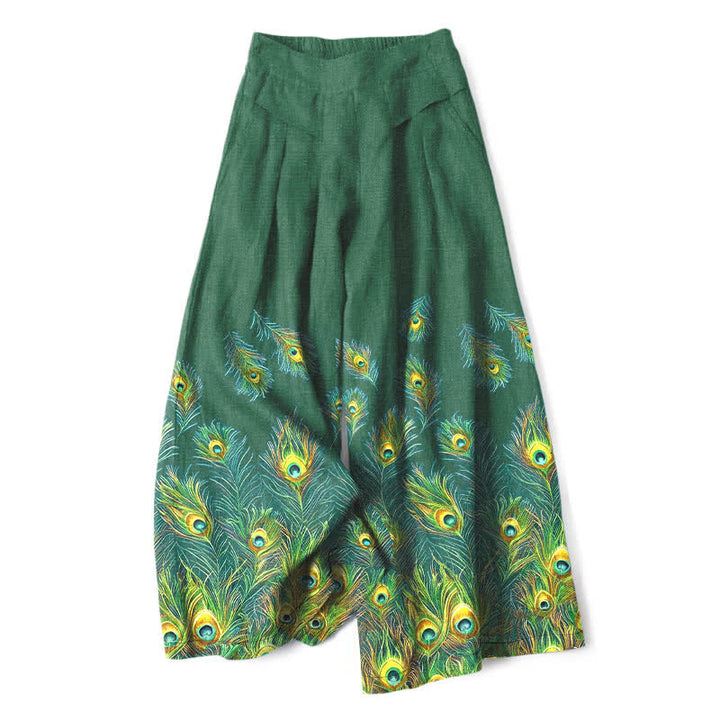 Buddha Stones Spodnie damskie z szerokimi nogawkami i elastyczną talią, z wzorem pawiego pióra i kieszeniami - ForestGreen - US16, UK/AU20, EU48 (3XL) - image 4