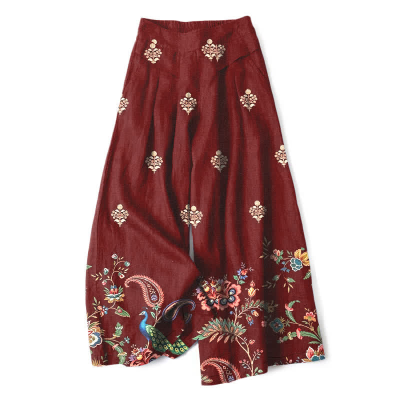 Buddha Stones Spodnie damskie z szerokimi nogawkami i elastyczną talią, z szerokimi nogawkami i kieszeniami, z bawełny i lnu, w kwiatowy wzór w stylu boho, paisley - Kasztanowaty - US16, UK/AU20, EU48 (3XL) - image 4