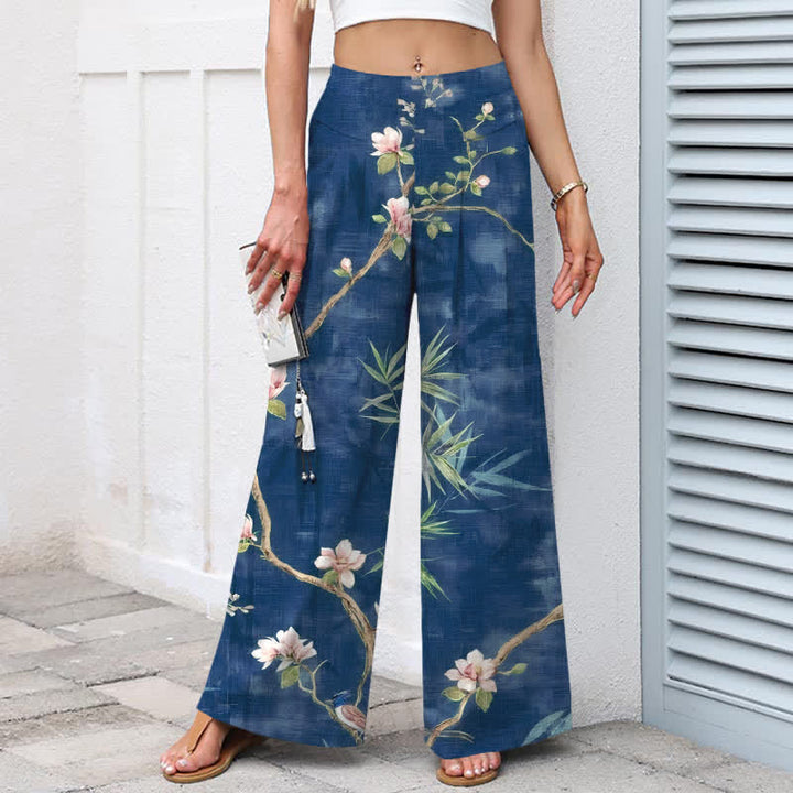 Buddha Stones Spodnie damskie z szerokimi nogawkami i elastyczną talią, z orientalnym, jasnoróżowym wzorem kwiatowym i kieszeniami, z bawełny i lnu - image 5
