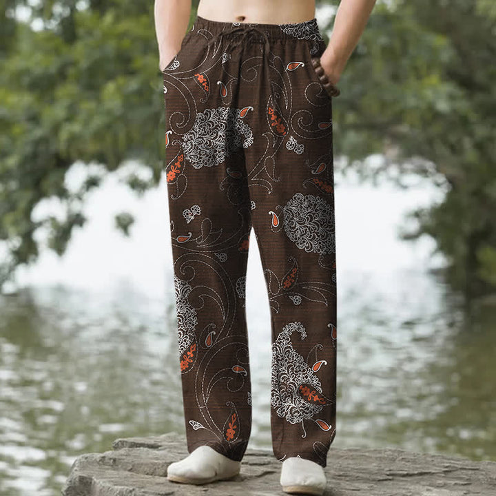 Buddha Stones Spodnie męskie zwężane z bawełny w stylu boho z kwiatowym motywem winorośli i kieszeniami - SaddleBrown - US/UK/AU50, EU60 (5XL) - image 0