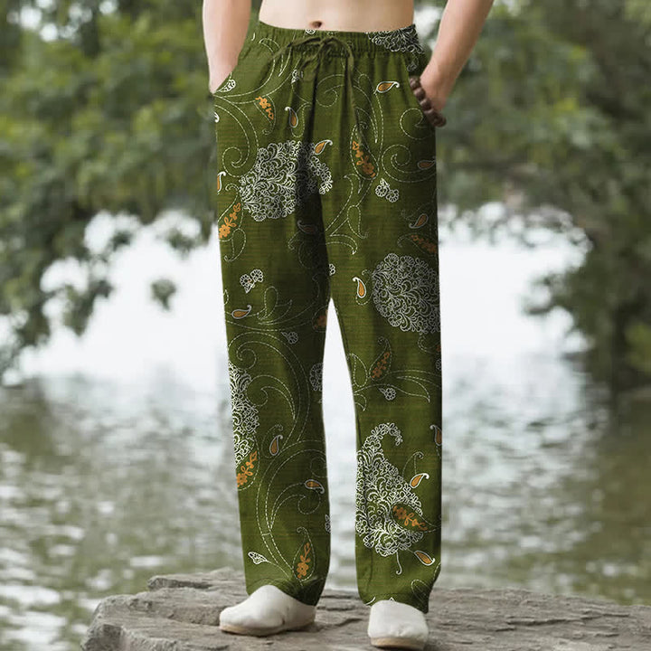 Buddha Stones Spodnie męskie zwężane z bawełny w stylu boho z kwiatowym motywem winorośli i kieszeniami - DarkOliveGreen - US/UK/AU50, EU60 (5XL) - image 4