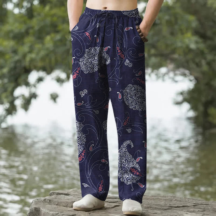 Buddha Stones Spodnie męskie zwężane z bawełny w stylu boho z kwiatowym motywem winorośli i kieszeniami - Marynarka wojenna - US/UK/AU50, EU60 (5XL) - image 6