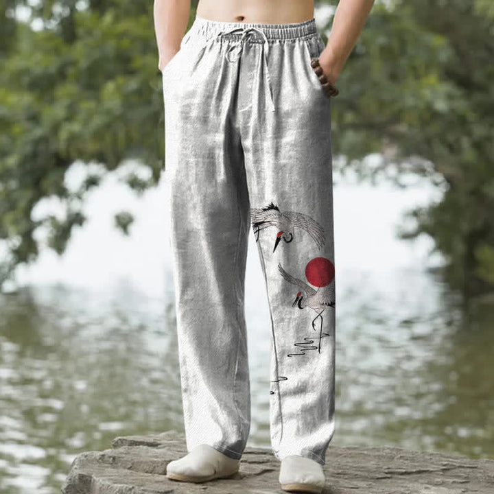 Buddha Stones Spodnie męskie zwężane z bawełny w kolorze czerwonym z wzorem żurawia słonecznego i kieszeniami - Bielizna - US/UK/AU50, EU60 (5XL) - image 0