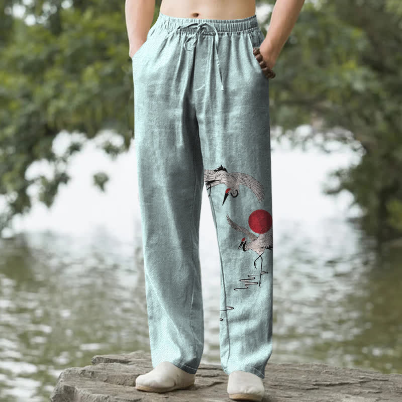 Buddha Stones Spodnie męskie zwężane z bawełny w kolorze czerwonym z wzorem żurawia słonecznego i kieszeniami - PaleTurquoise - US/UK/AU50, EU60 (5XL) - image 6