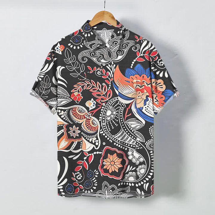 Buddha Stones Koszula męska z krótkim rękawem i oddychającym wzorem paisley w kwiaty w stylu vintage - Czarny - US/UK/AU48， EU58 (4XL) - image 0