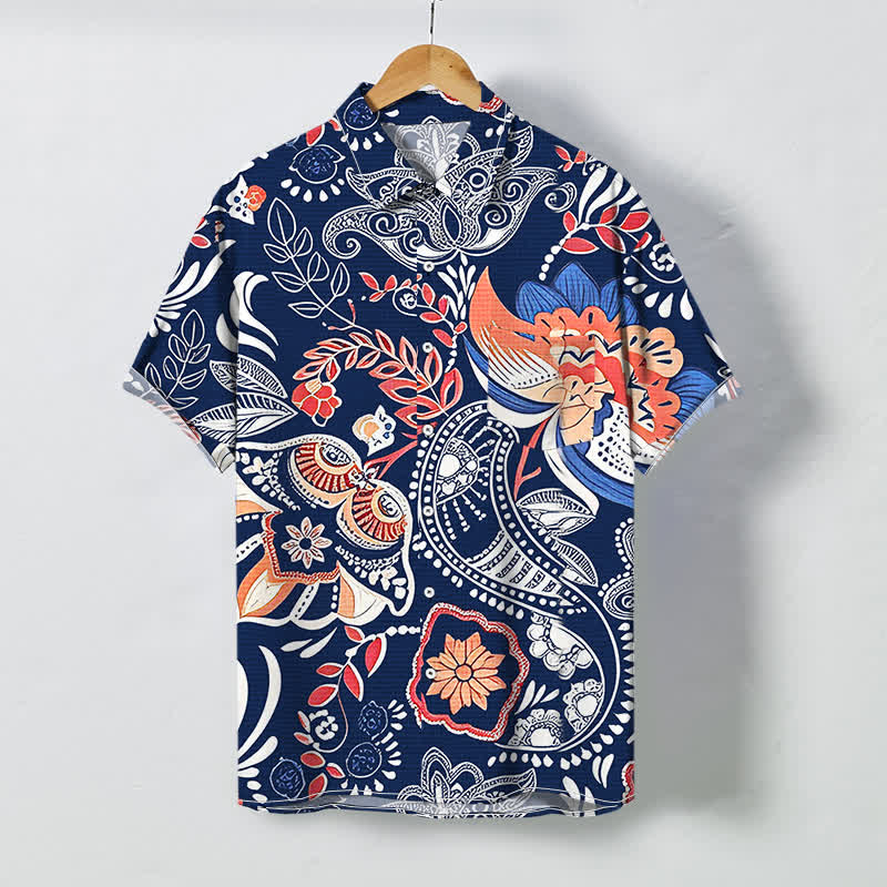 Buddha Stones Koszula męska z krótkim rękawem i oddychającym wzorem paisley w kwiaty w stylu vintage - Marynarka wojenna - US/UK/AU48， EU58 (4XL) - image 3