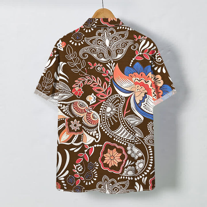Buddha Stones Koszula męska z krótkim rękawem i oddychającym wzorem paisley w kwiaty w stylu vintage - SaddleBrown - US/UK/AU48， EU58 (4XL) - image 7