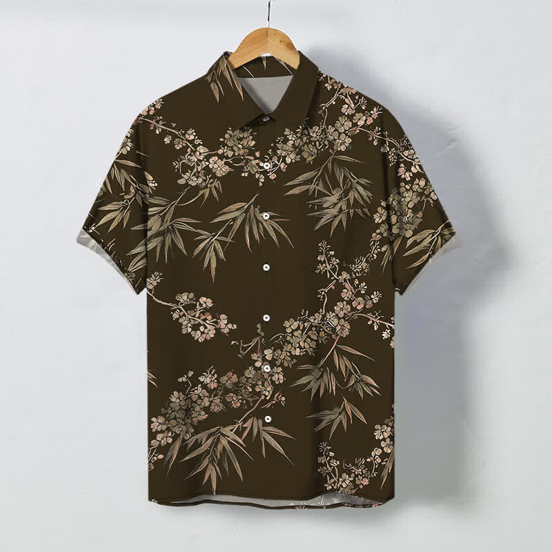 Buddha Stones Koszula męska z krótkim rękawem, oddychająca, z guzikami w kształcie kwiatu śliwki bambusowej - SaddleBrown - US/UK/AU48， EU58 (4XL) - image 0