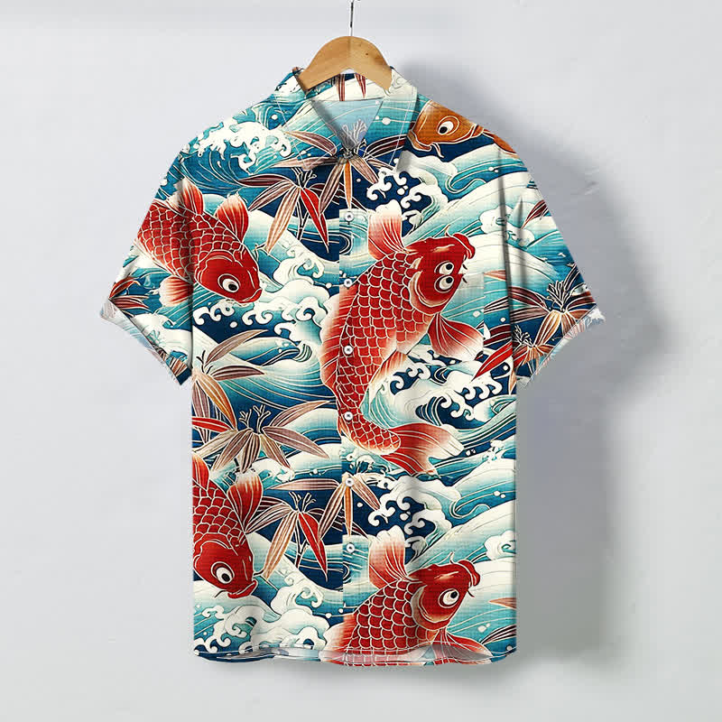Buddha Stones Koszula męska z krótkim rękawem i oddychającym wzorem Koi Wave Bamboo - Turkus - US/UK/AU48， EU58 (4XL) - image 0