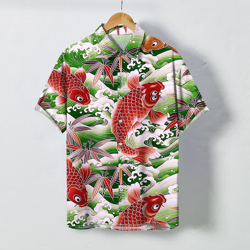 Buddha Stones Koszula męska z krótkim rękawem i oddychającym wzorem Koi Wave Bamboo - LimeGreen - US/UK/AU48， EU58 (4XL) - image 6