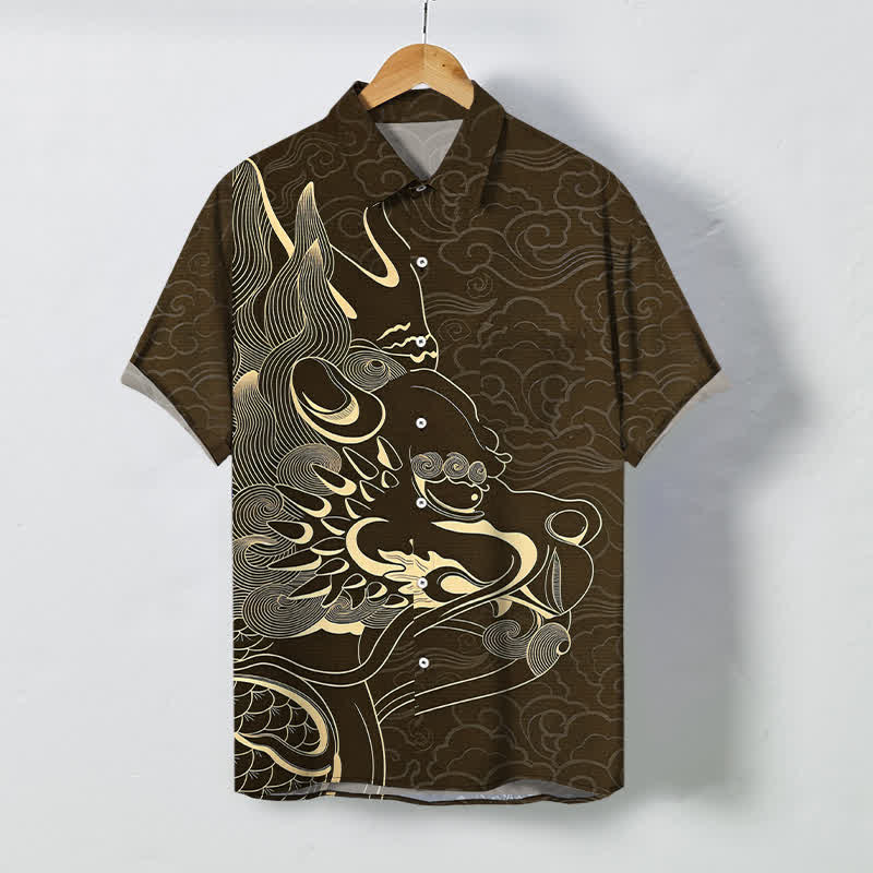 Buddha Stones Koszula męska z krótkim rękawem, odporna na zagniecenia, z guzikami w kształcie chmurki ze złotym smokiem - SaddleBrown - US/UK/AU48， EU58 (4XL) - image 5