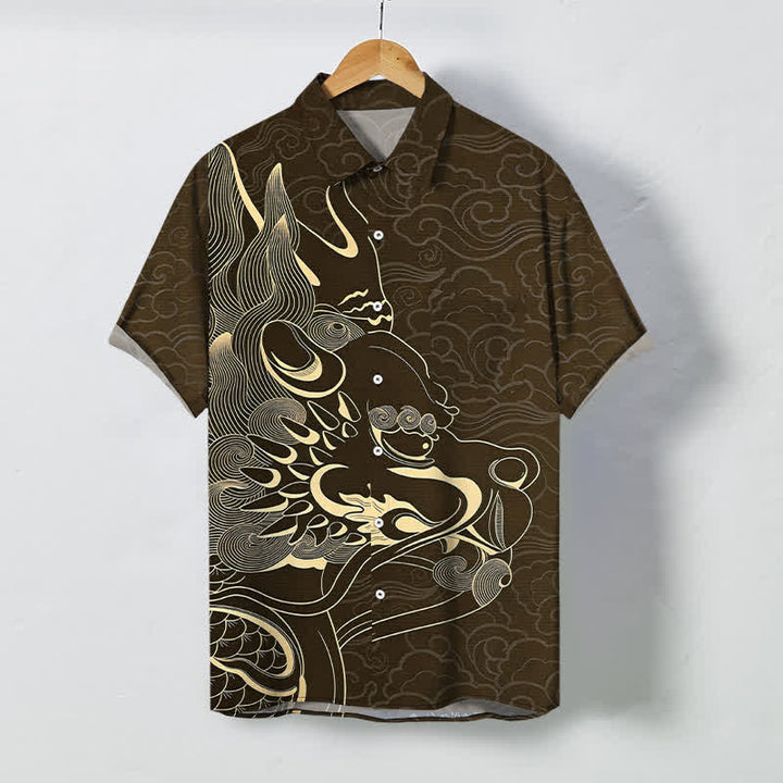 Buddha Stones Koszula męska z krótkim rękawem, odporna na zagniecenia, z guzikami w kształcie chmurki ze złotym smokiem - SaddleBrown - US/UK/AU48， EU58 (4XL) - image 5